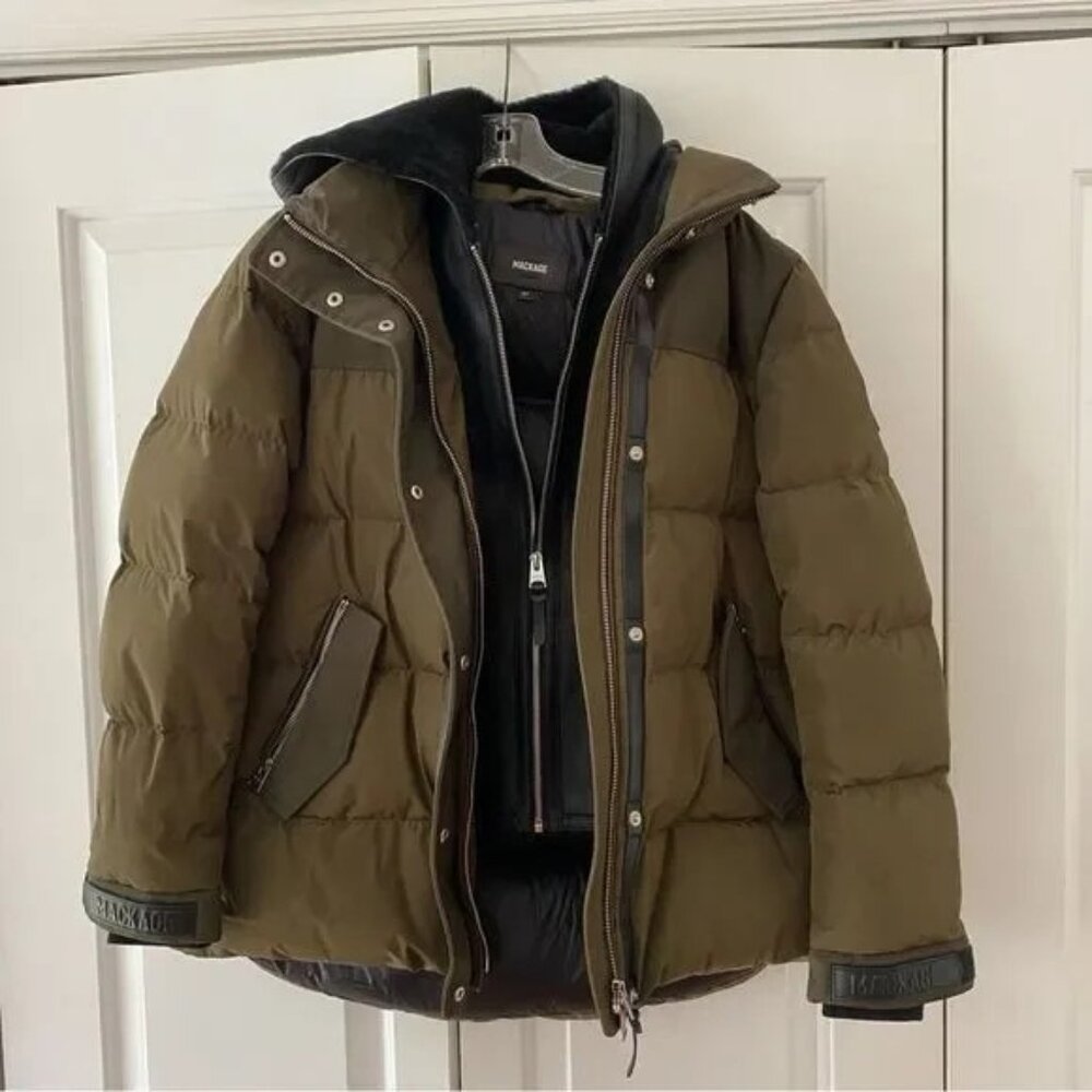 Mackage RILEY Classic Down Jacket with Shearling Bib / Army / Size S (36)